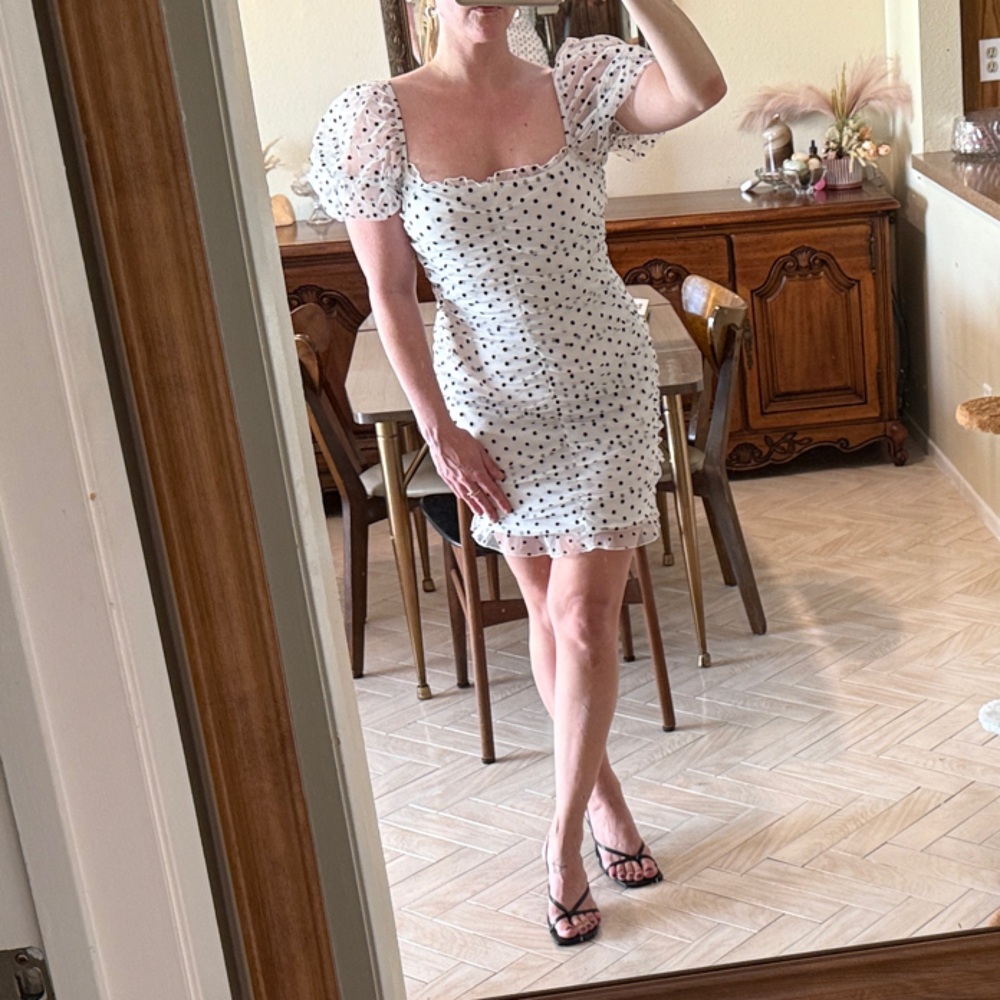 Kentucky Derby White Polka Dot Draped Tulle Dress with Puff Sleeves - Picture 4 of 5